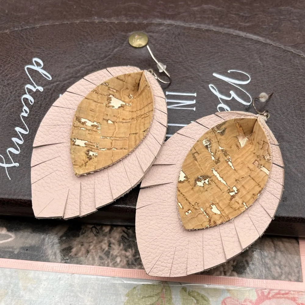 Oversized Handmade Pink Leather Feather Layered Bohemian Dangle Earrings - Image 4