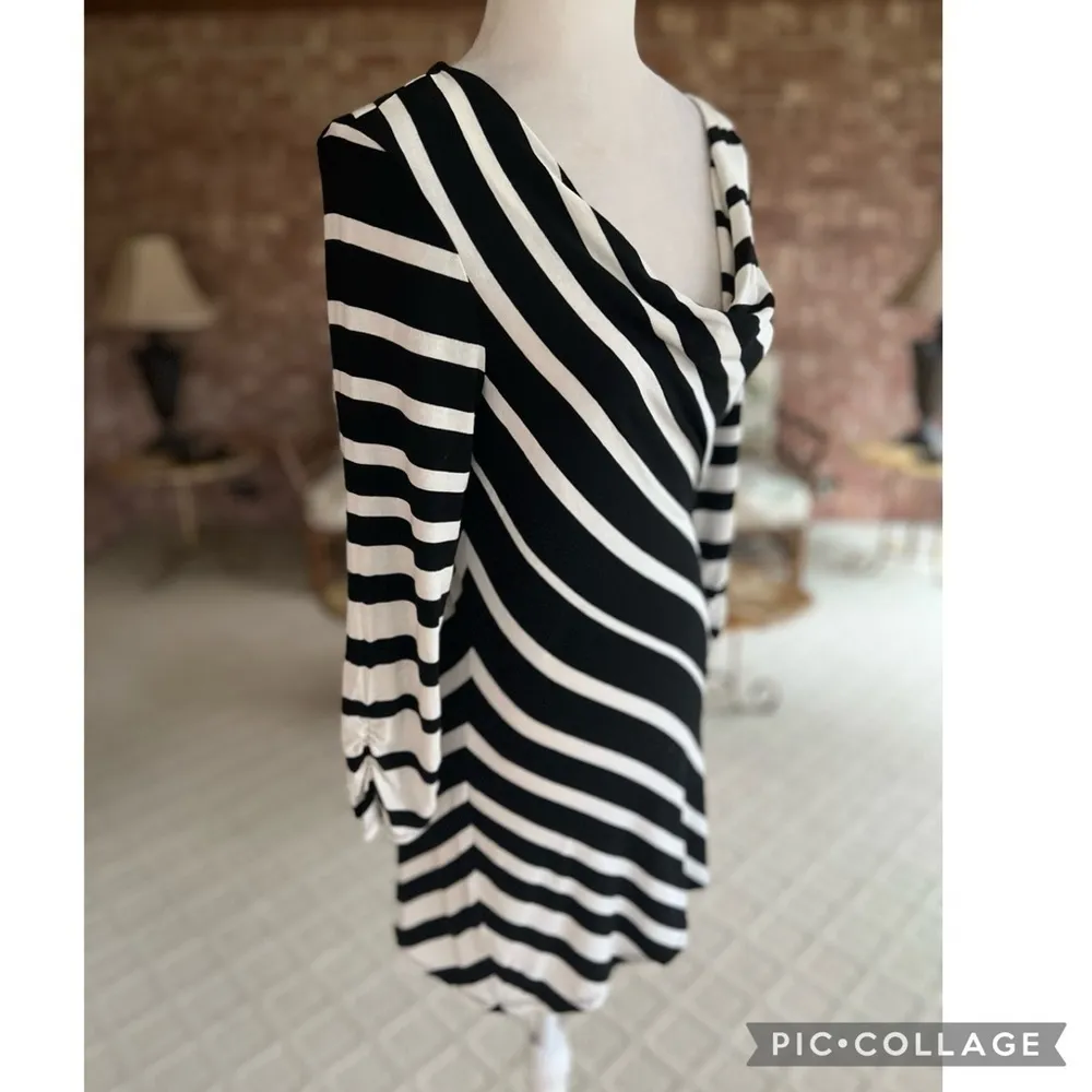 WHBM Top Tunic Striped Draped Neck Black Ecru S Glam Chic Dressy Brunch Work Mod - Image 9