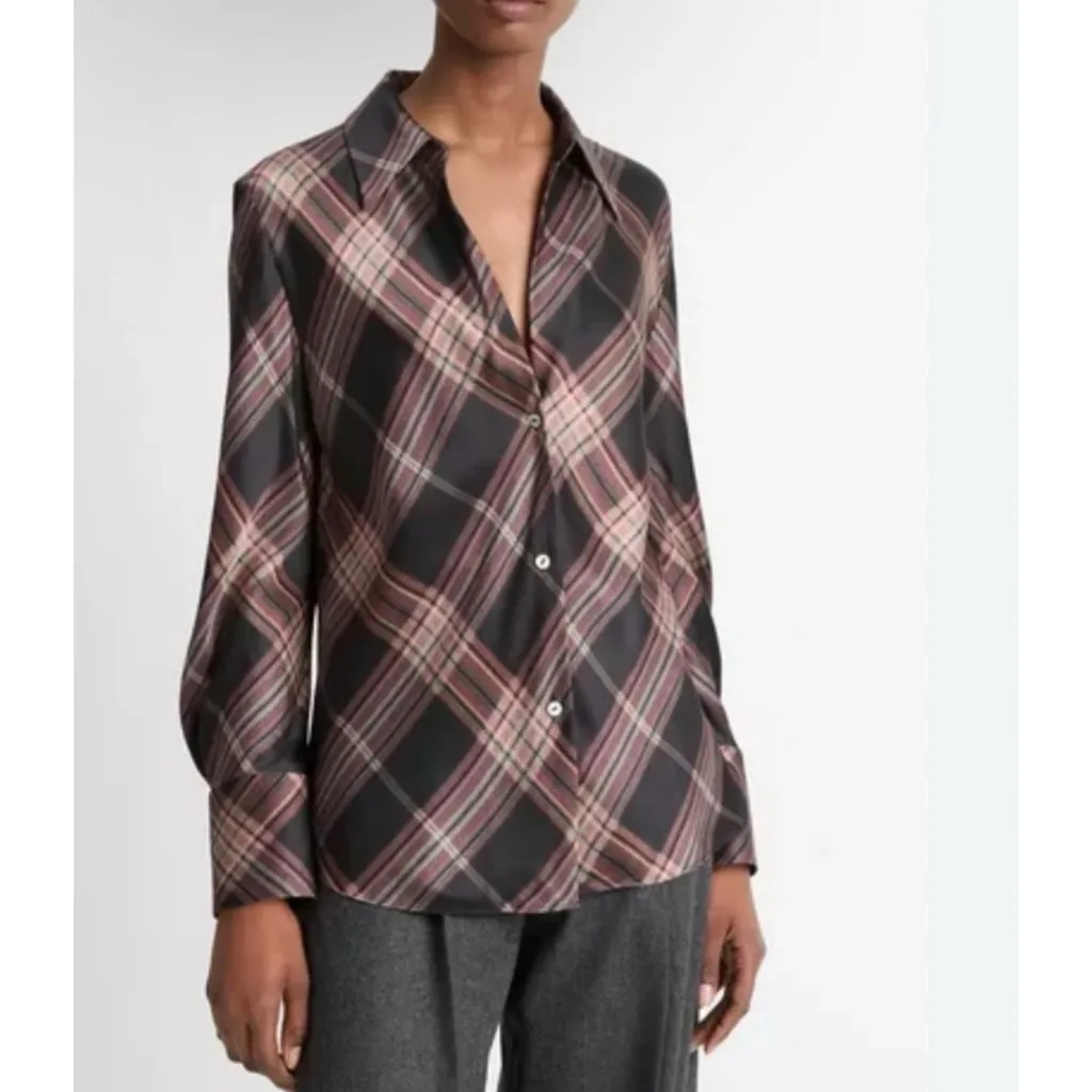 VINCE 100% silk Plaid Button-Up blouse NEW - Image 5