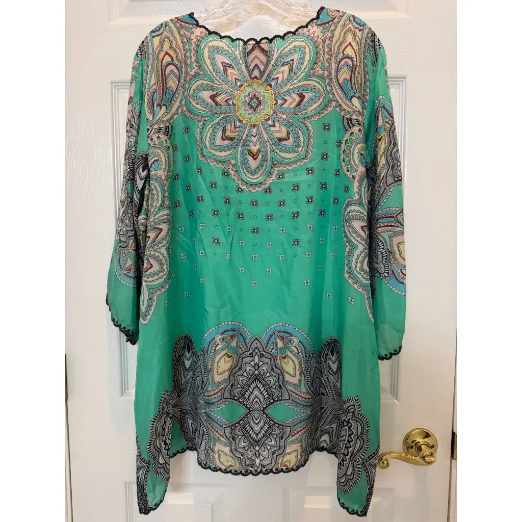Johnny Was Green Silk Printed Tunic Blouse Size XXL - Image 6
