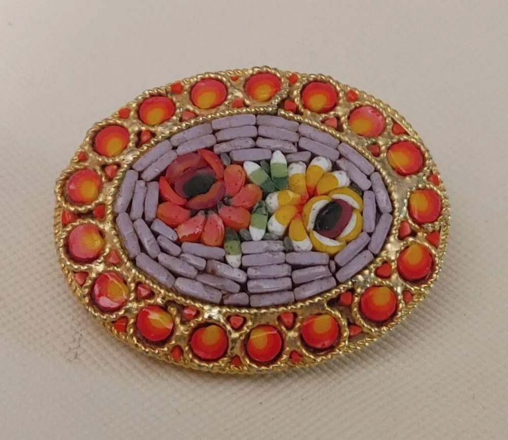 Vtg Italian Micro Mosaic Floral Oval Brooch Red Yellow Accents Gold Tone Pin - Image 4
