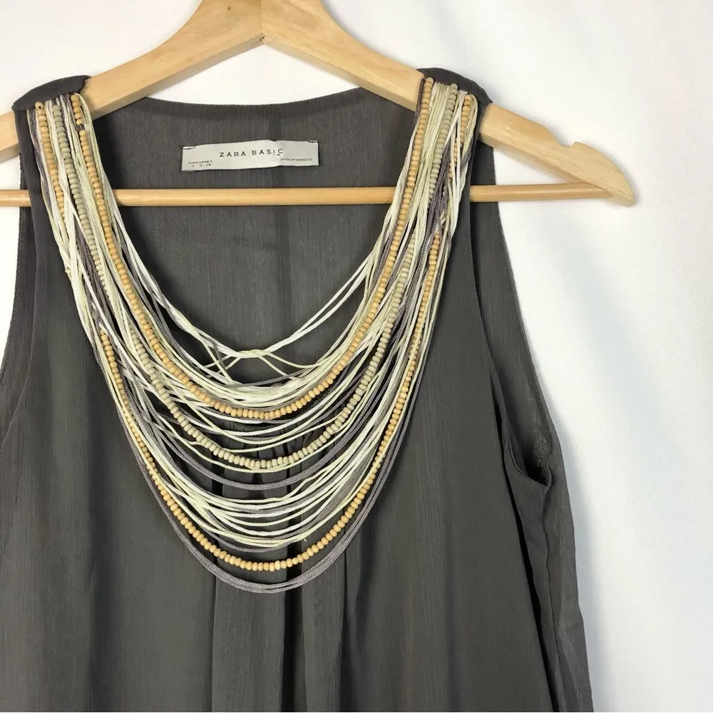 Zara Charcoal Gray Y2K Beaded Scoop Neck Bubble Hem Mini Dress S - Image 3