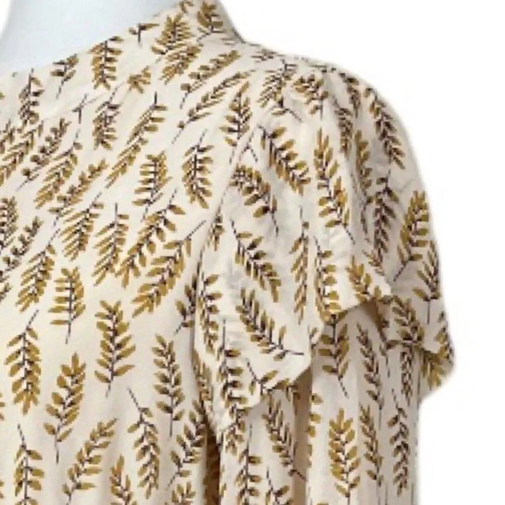 Mikarose Dress Asymmetrical Blouson Waist Cream Leaf Print Women’s Size Medium M - Image 12