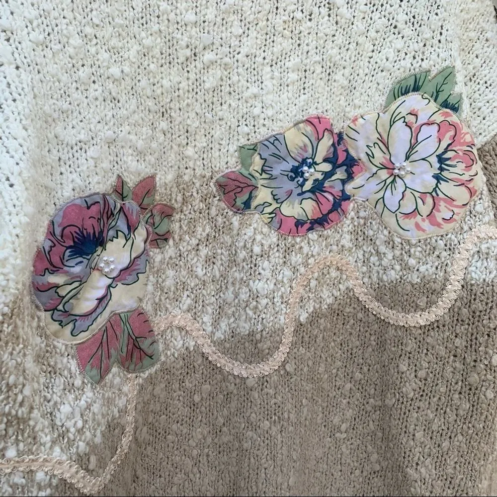 Vintage 80s 90s cottagecore oatmeal cream floral appliqué sweater MEDIUM Tan - Image 2
