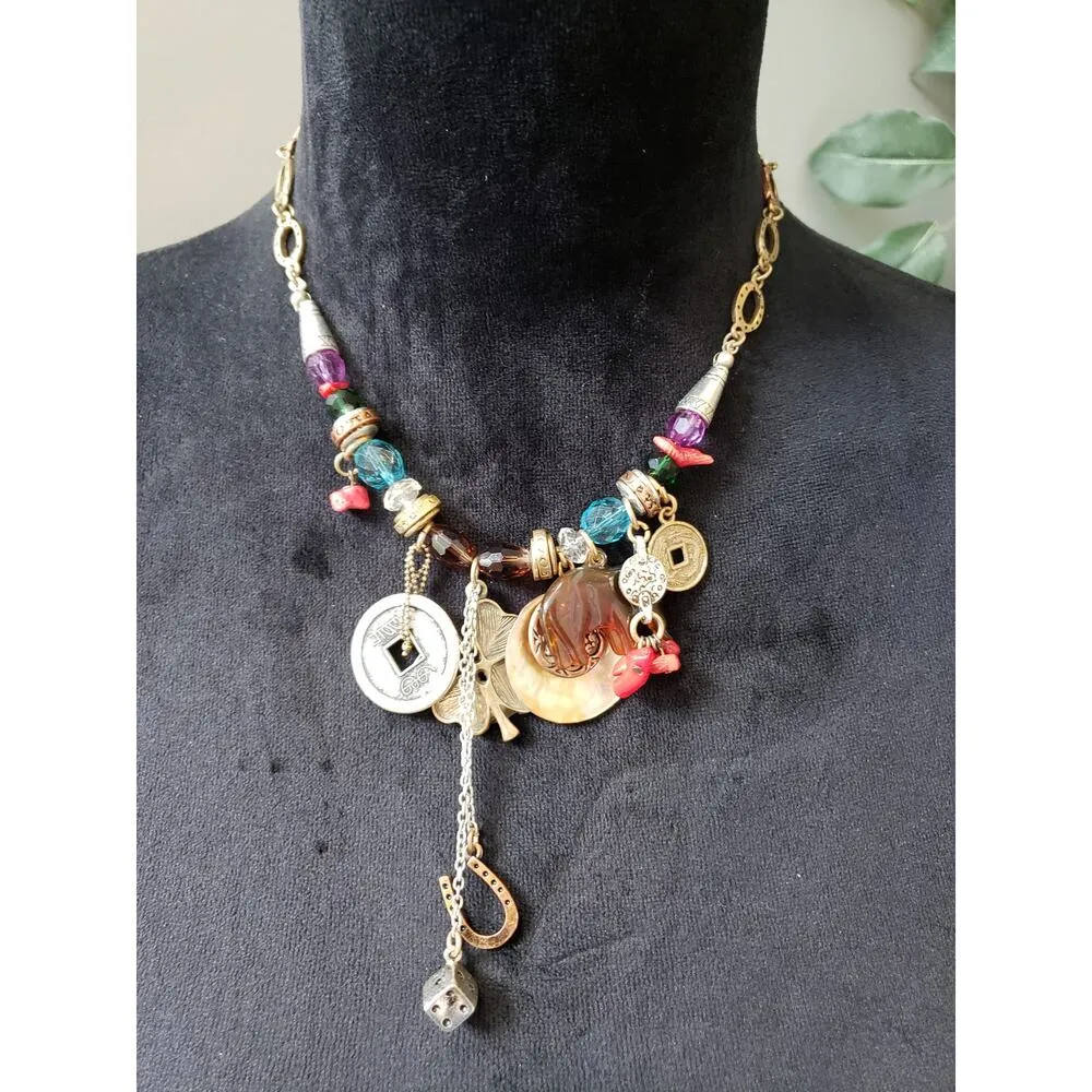 Women's Multicolor Charm Necklace With Horseshoe Coin Dice Pendant Beads Gold - Image 2