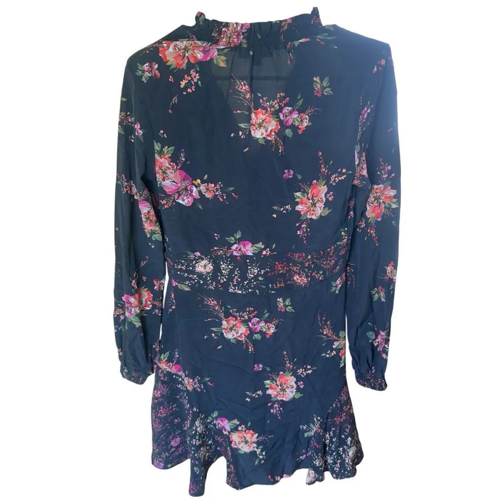 Intermix‎ Silk Floral Long Sleeve Ruffle Mini Dress Black Pink Red Size 2 - Image 4