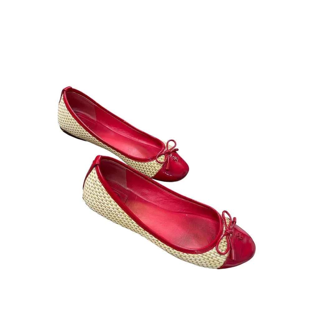 Tory Burch Red & Beige Straw Flats Loafers Womens Size 7.5M SKU 8846 - Image 4
