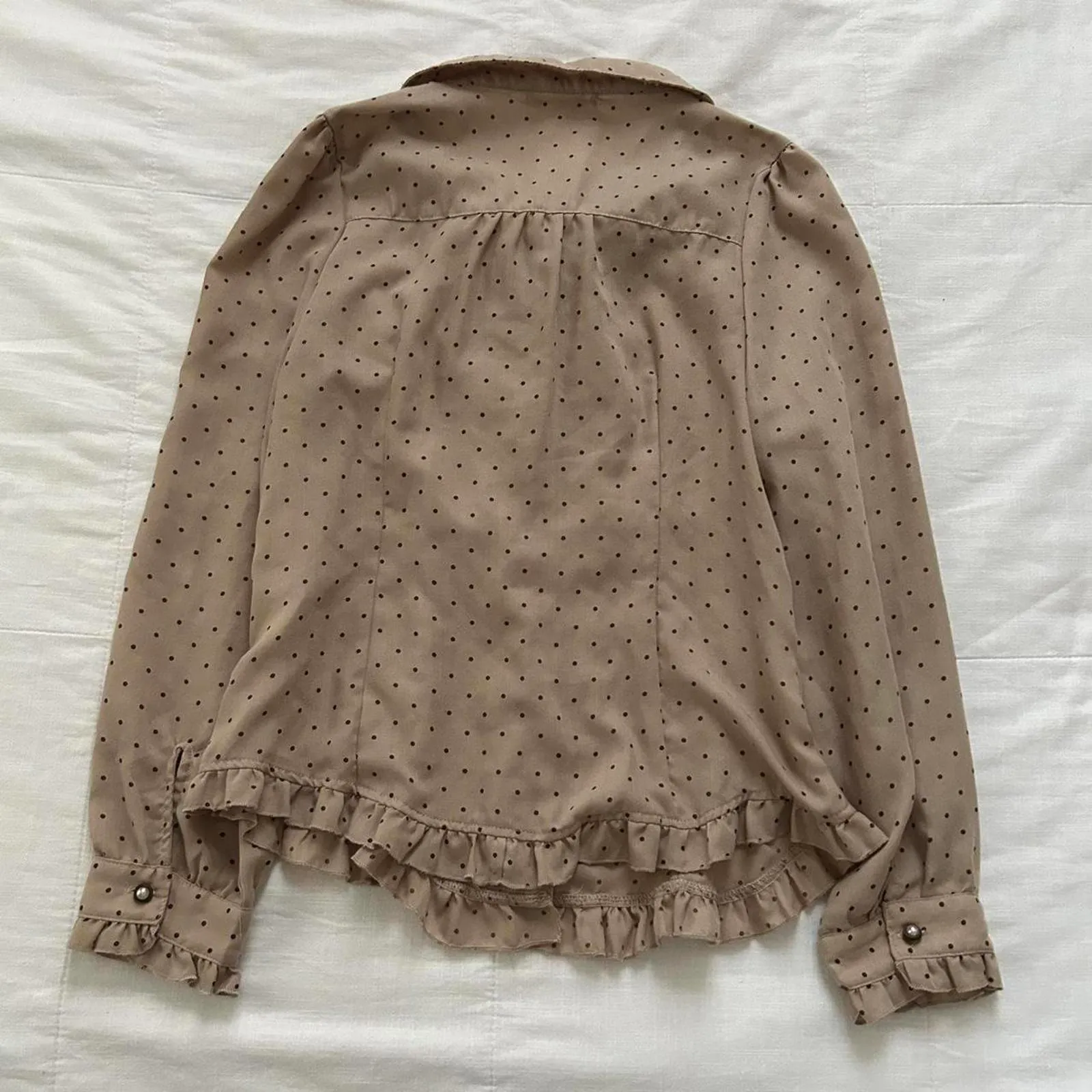 Axes Femme tan brown polka dot blouse ruffles button up front preppy kawaii Size M - Image 4