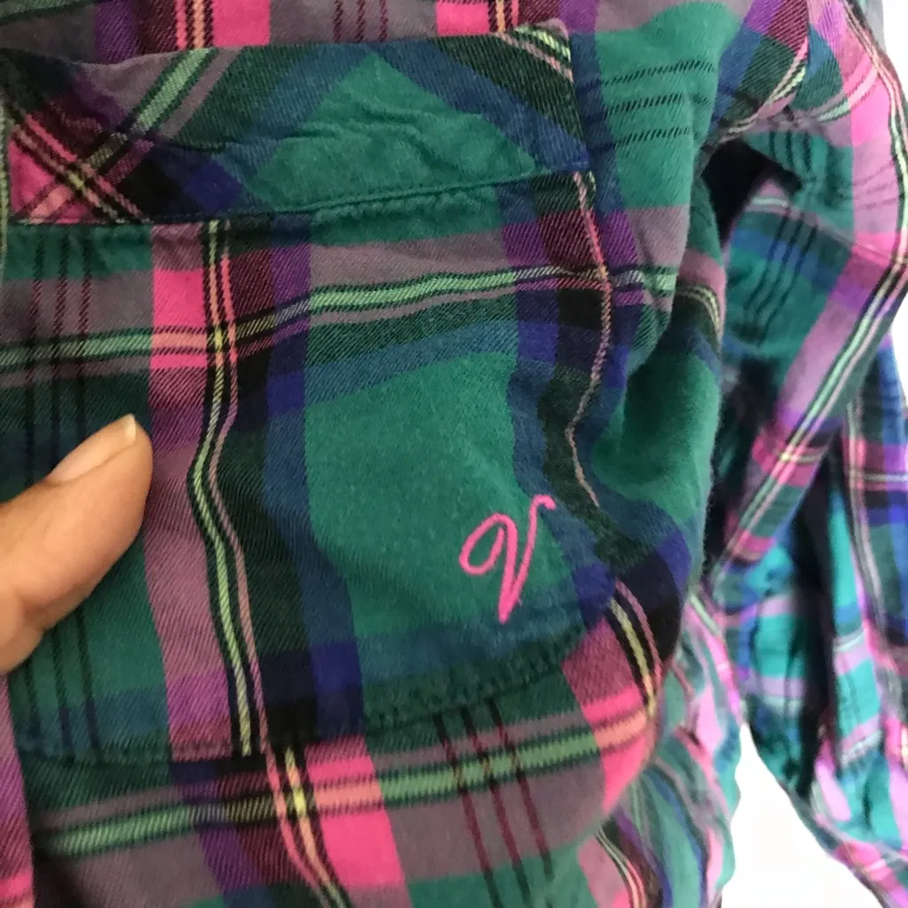 Victorias Secret Green and Pink Plaid Button-Up PJ Top - Image 5