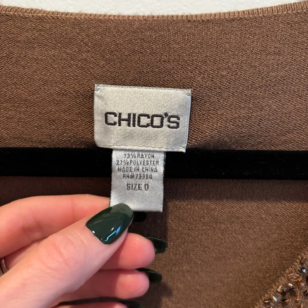 Chico's V-neck Women's Sweater Taupe Brown Shimmer Beaded Long Sleeve Size 0 - Image 5
