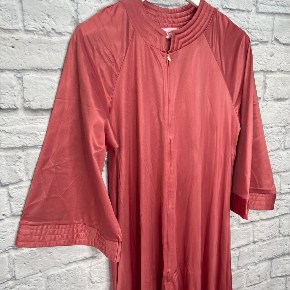 Vintage 70s Gilead Mauve Pink Maxi Gown 1/2 Zip Size S Satin House Dress 55" - Image 2