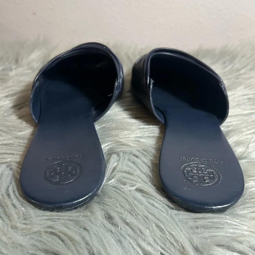 Tory Burch Siena Flat Navy Blue Leather Mules Size 11M - Image 7
