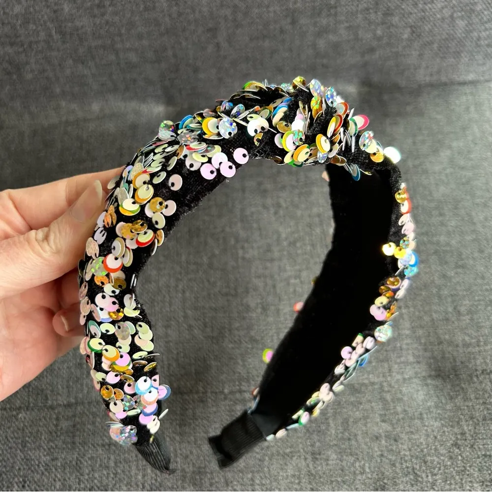Colorful, Sparkly Sequined Knot Headband, Black, Multi Colored, Rainbow Black - Image 2