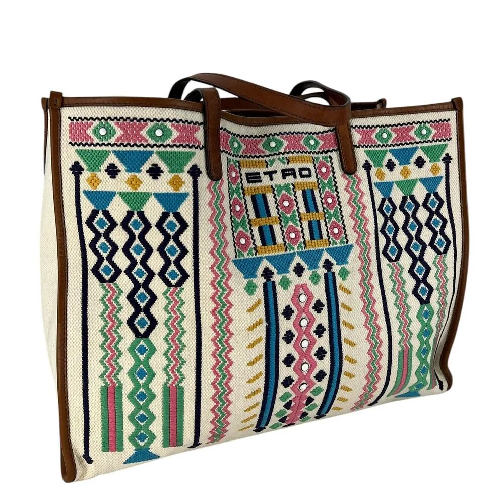 ETRO Embroidered Canvas Shopper Tote Bag Neutrals Brown - Image 4