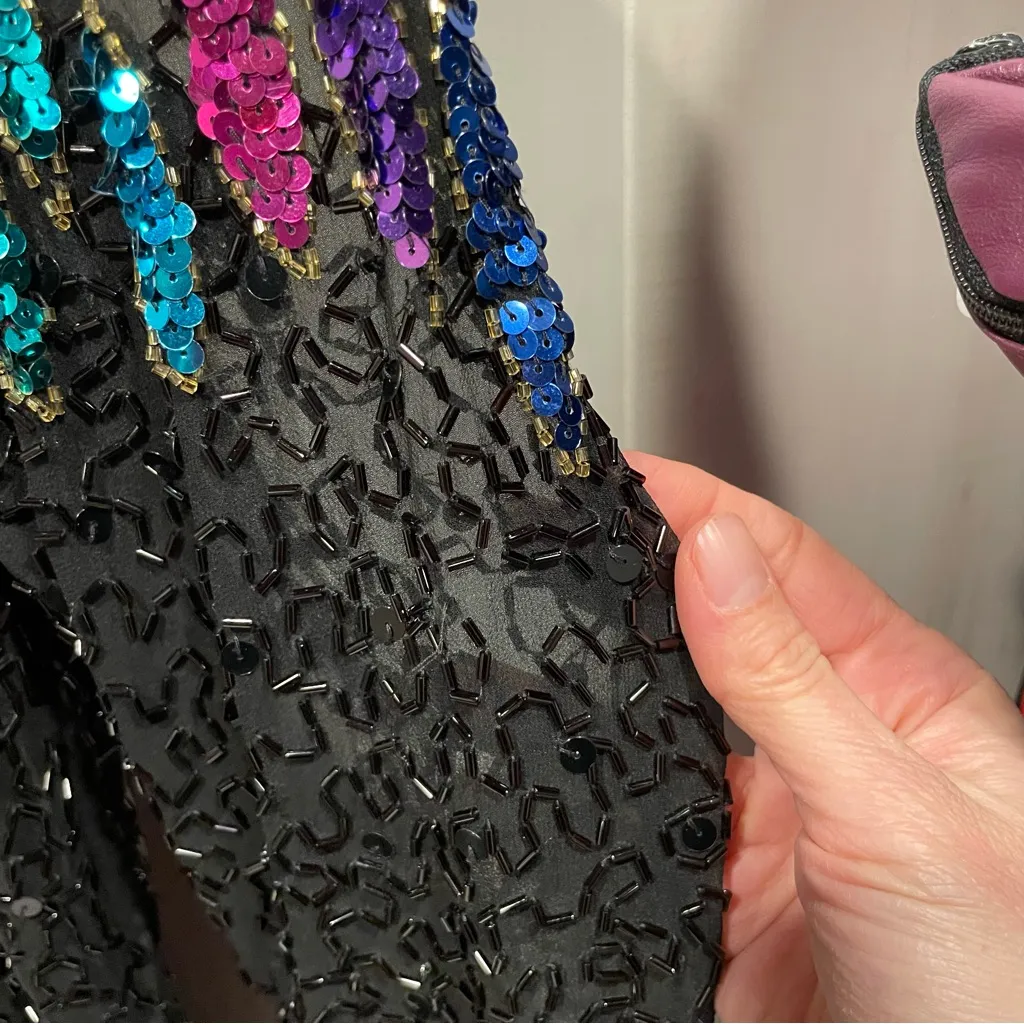 Vintage 80s Nite Line silk mesh beaded sequin floating neckline mini dress fancy Black Size XS - Image 11