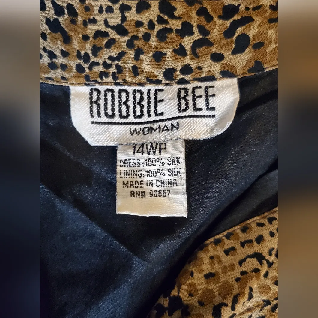 Vintage ROBBIE BEE 100% Silk   Brown Button-Up Maxi Dress SIZE:14WP ANIMAL PRINT - Image 2