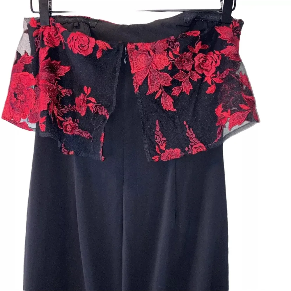 BADGLEY MISCHKA Floral Dress black red 6 Lace Formal Popover Gown strapless maxi - Image 12