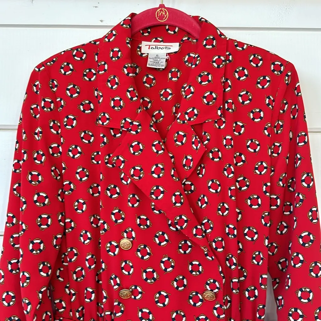 Talbots Vintage 80’s Red Nautical Button Front Shirt Dress Belted Midi Size 6 - Image 3