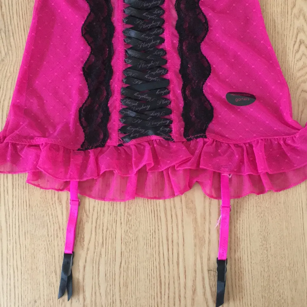 #1 New Playboy Vintage Sexy Padded Bustier With Thong Hot Pink Black size Medium - Image 3