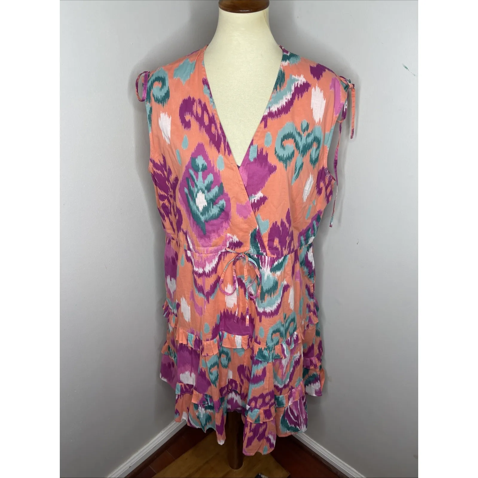 Banjanan Sleeveless Becca Dress in Spice Cotton Floral Short Ruffle XL Orange - Image 2