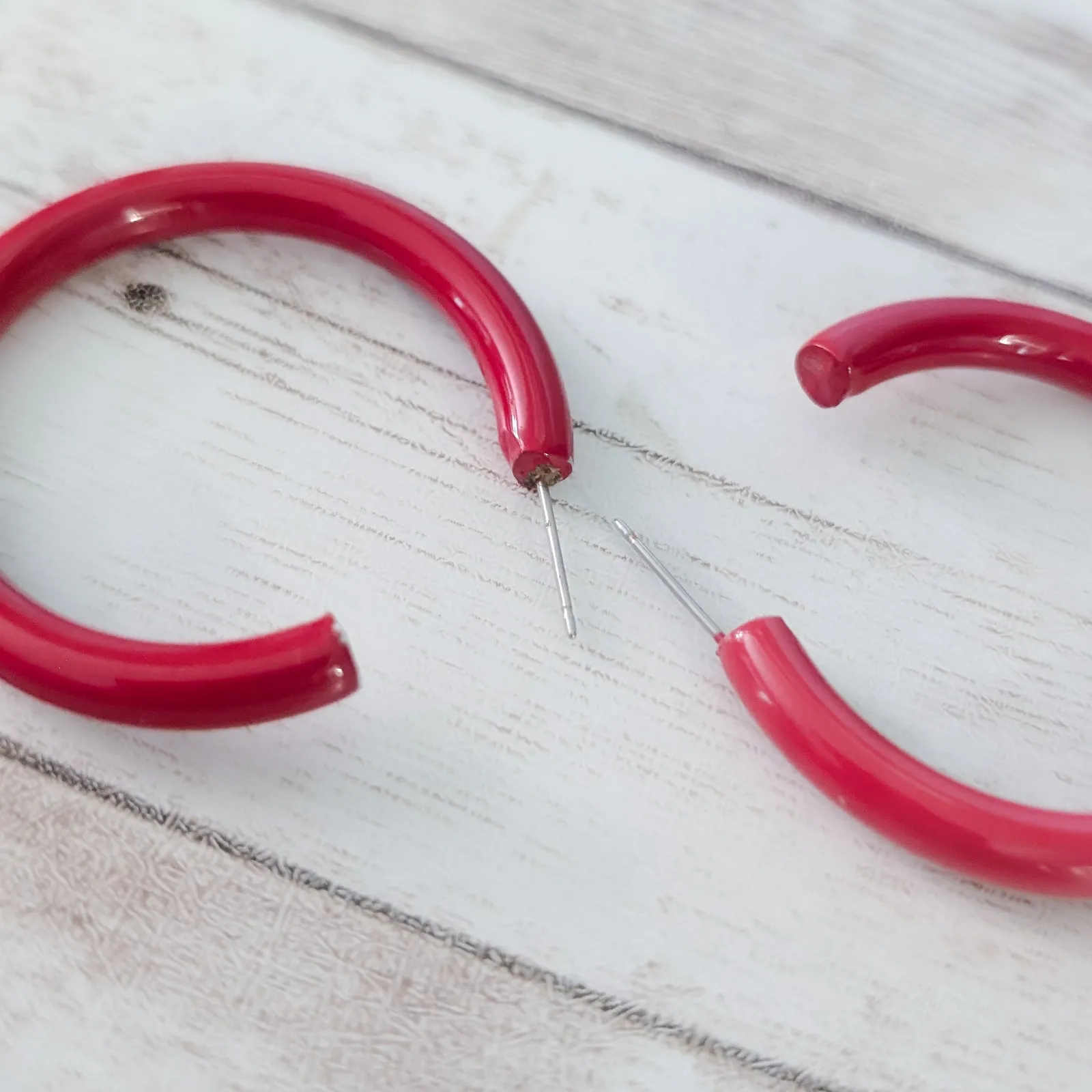 Vintage Stud Earrings Red Large Hoops 1 & 5/8" Statement Retro - Image 5