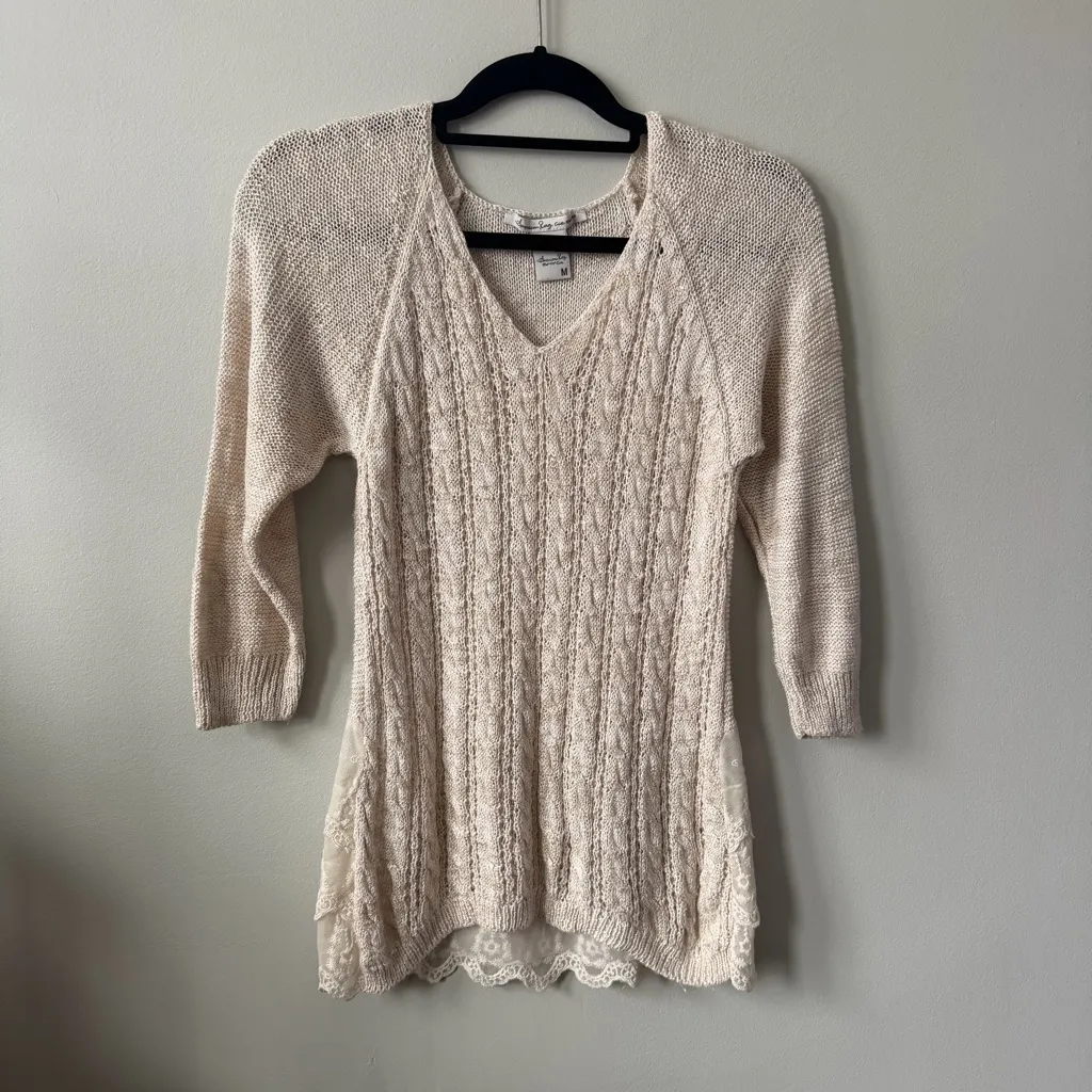 American Rag Neutral Cream Beige Knit V Neck Sweater with Lace Size M - Image 3