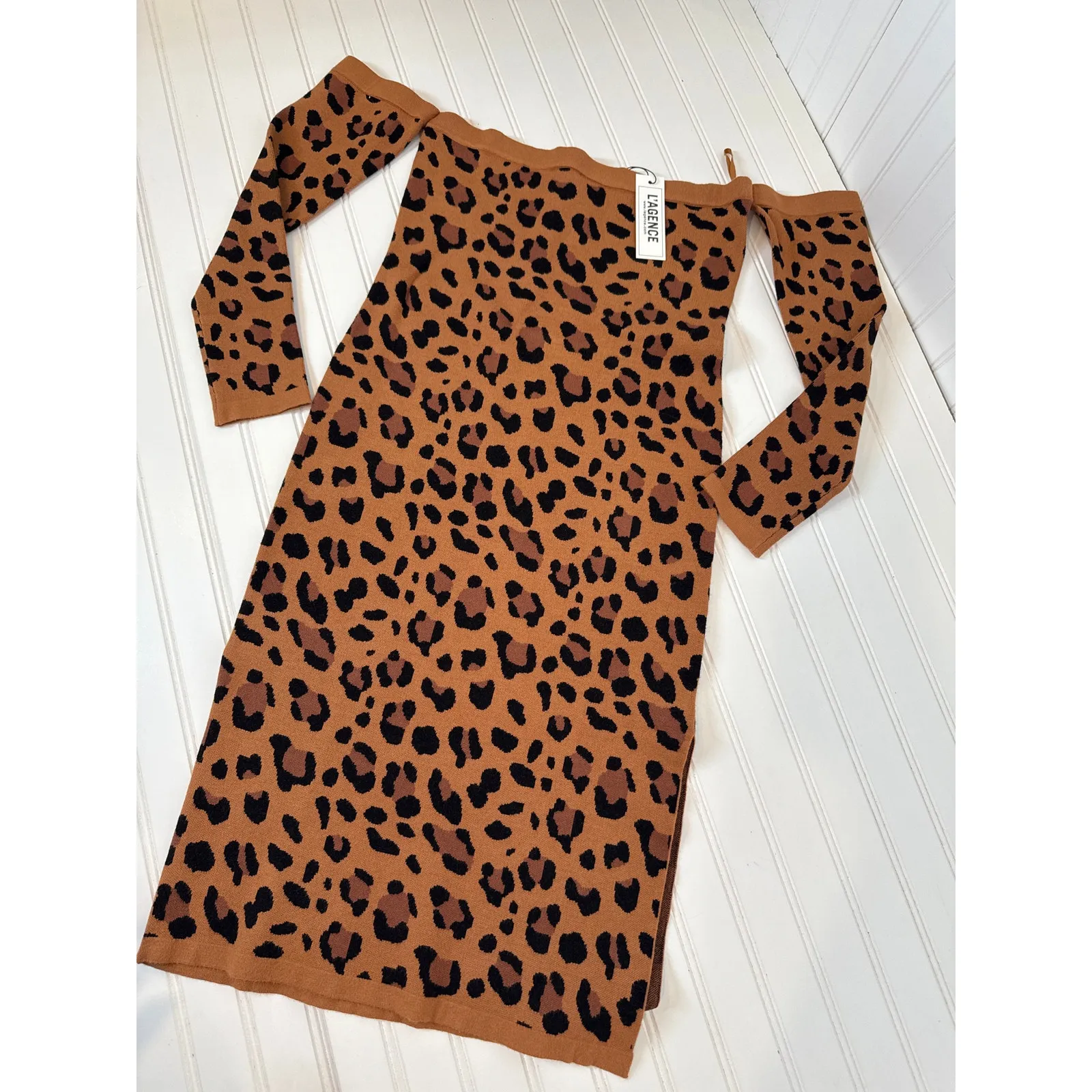 NWT L’AGENCE Felicia Off Shoulder Long Sleeve Sweater Dress Brown & Black Sz S - Image 3
