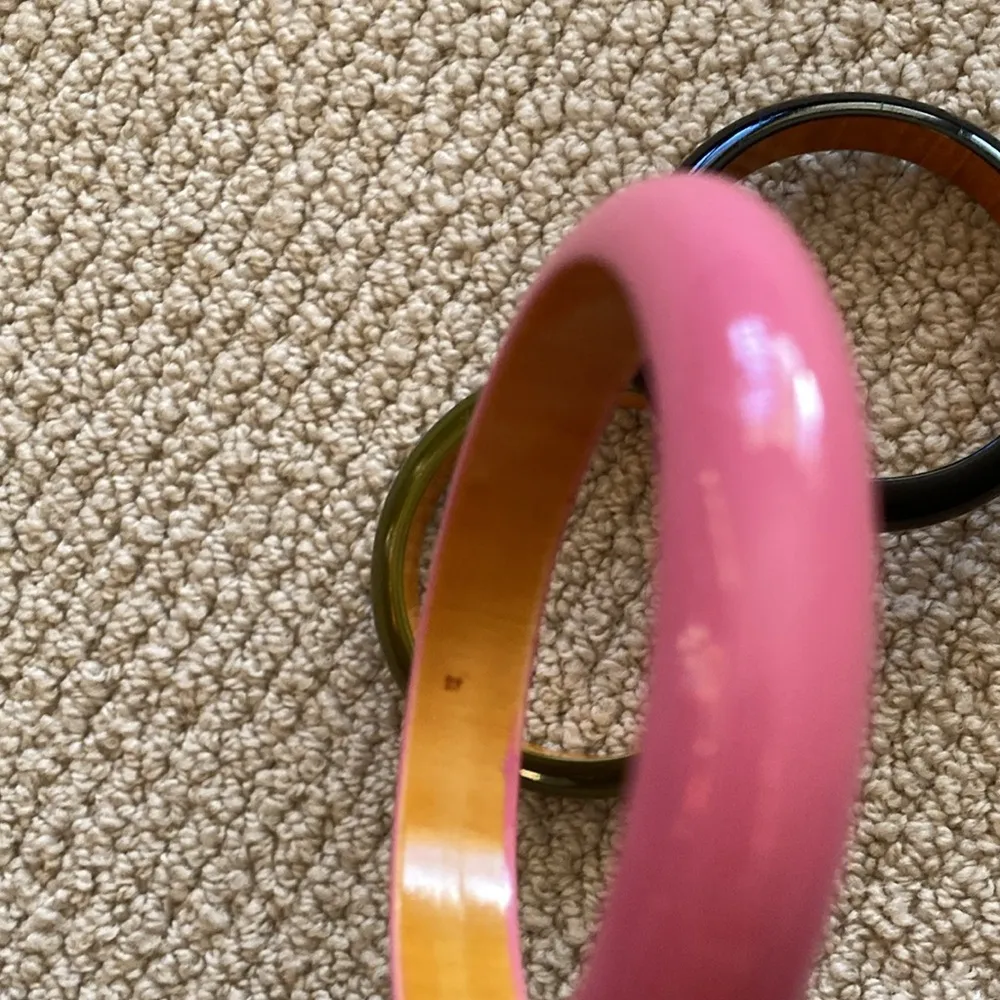 Boho Wood Bangles Set of Three Colorful Glossy Pink Green Black Large Fun - Image 5