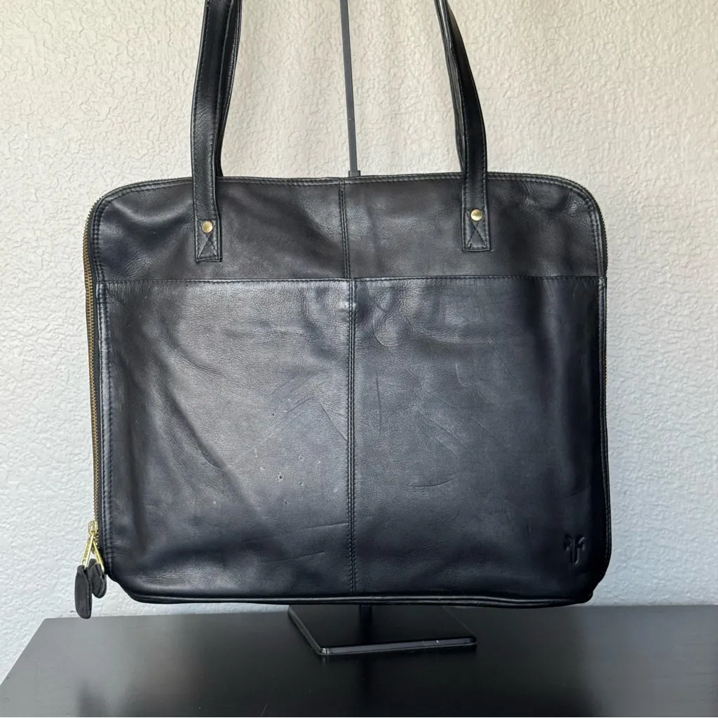 Frye Vintage Benchcrafted Black Leather Tote Shoulder Laptop Bag - Image 3