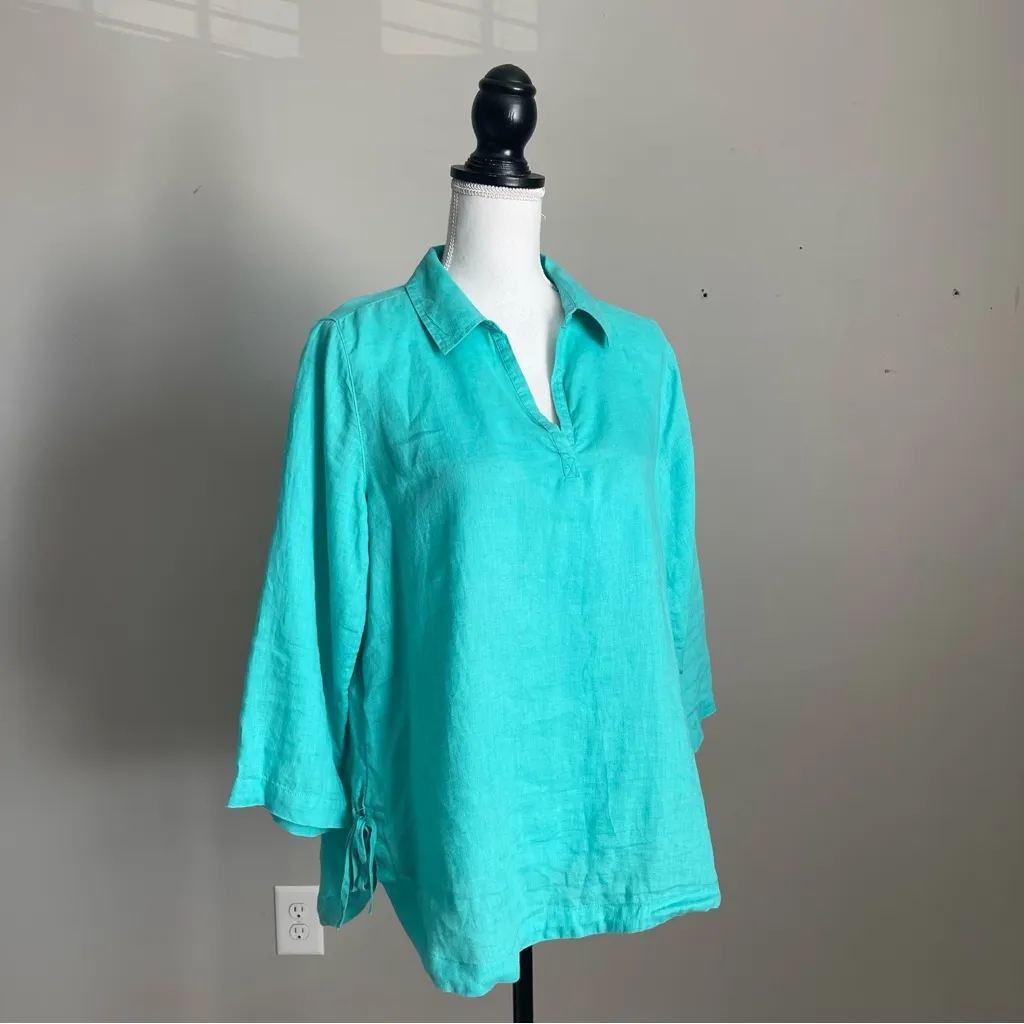 ISAAC MIZRAHI | Aqua 100% Linen Button Down Blouse Sz M - Image 3