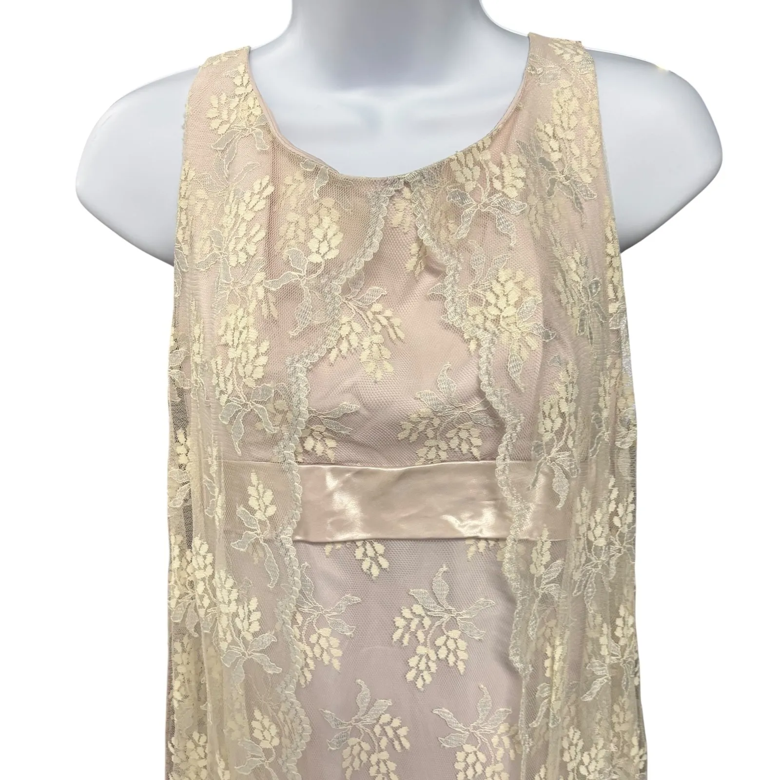 Vintage Sleeveless Maxi Dress Lace Overlay‎ Pale Pink Lined Formal Gown Small - Image 4