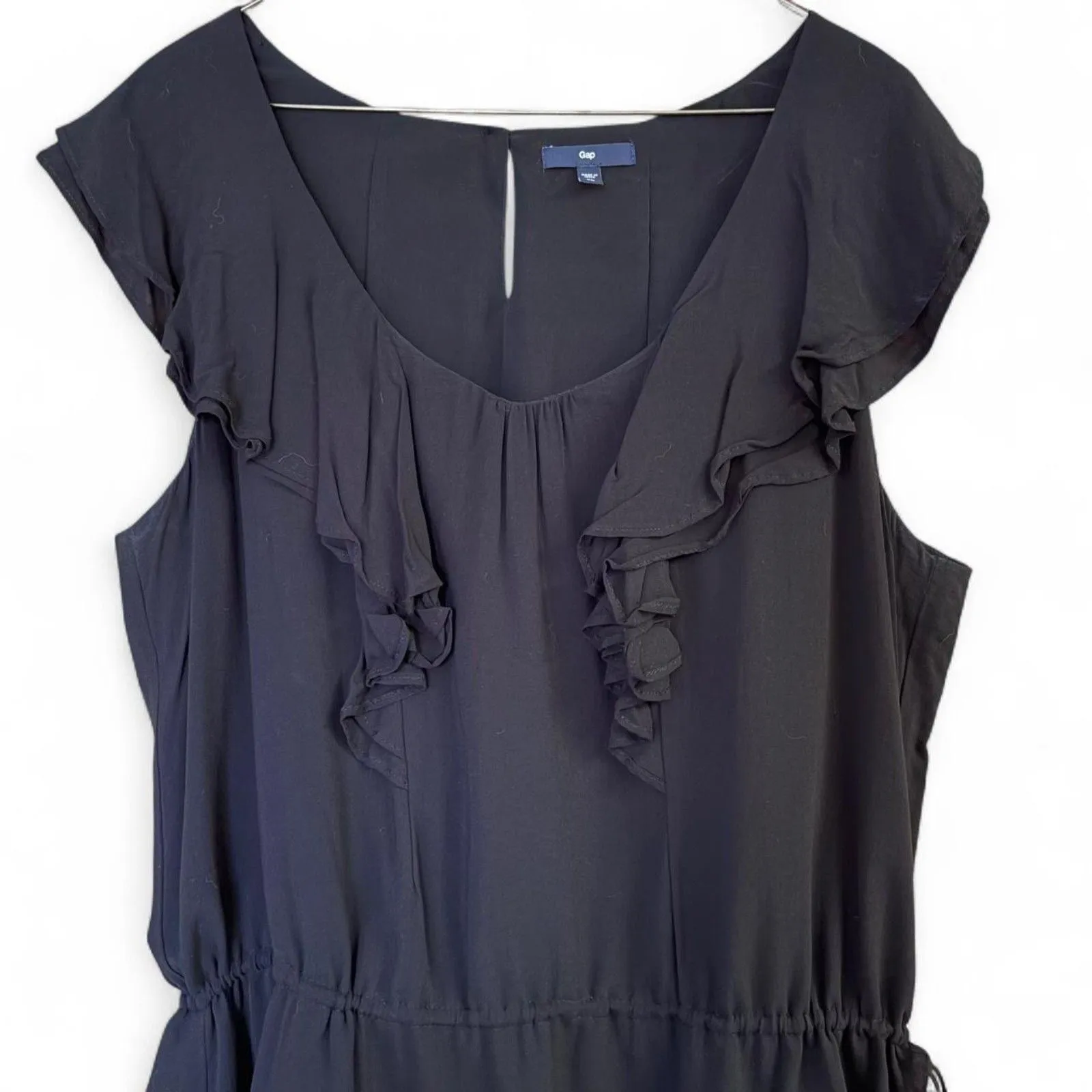 GAP Black Tiered Midi Dress w/Drawstring Waist, Ruffled Neckline, Cap Sleeves XL - Image 2