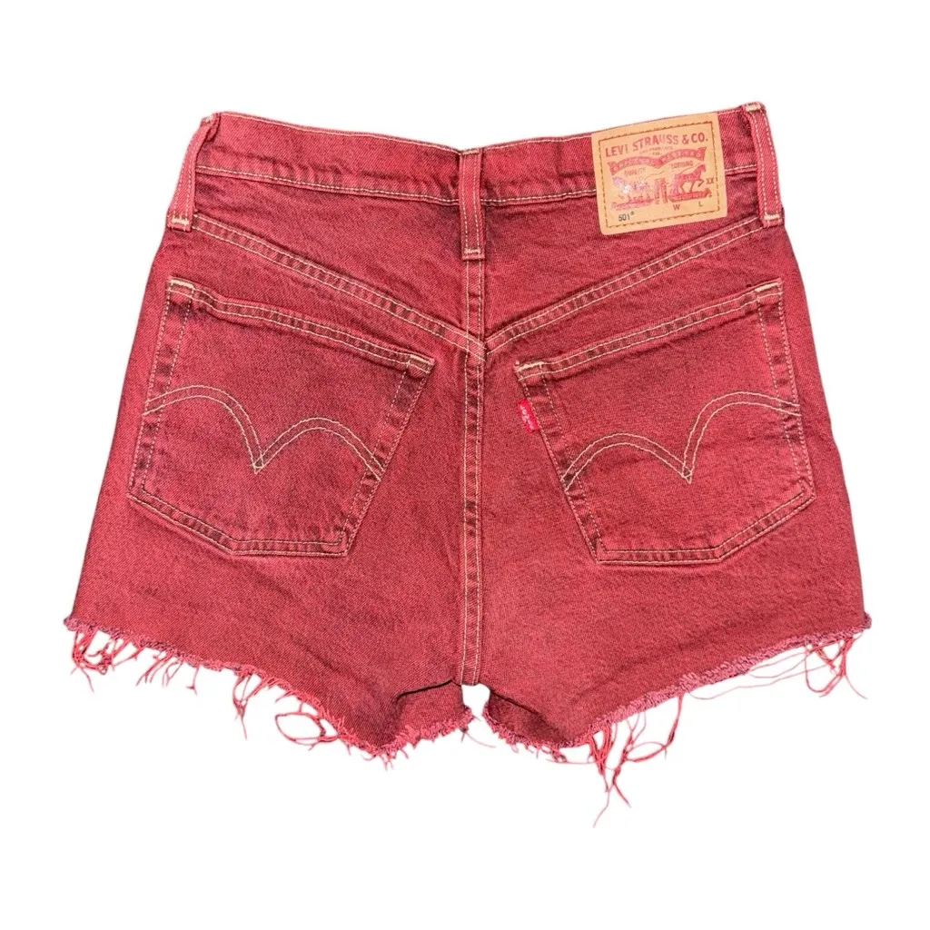 Levi’s 501 High Rise Red Jean Shorts Women’s 25 Raw Hem Frayed Button Fly Denim - Image 2