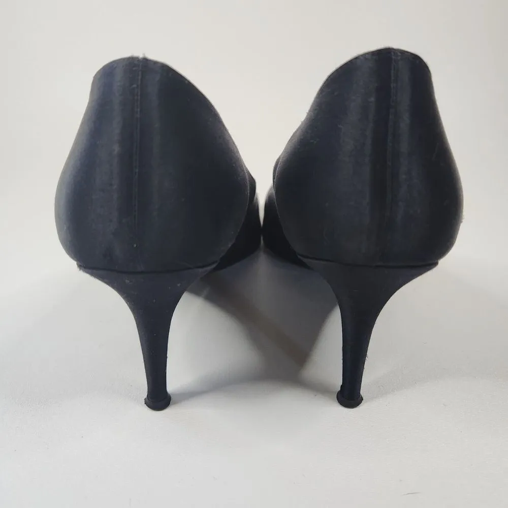 Stuart Weitzman Siremritz Black Satin Peep Toe Crystal Heels MADE IN SPAIN 10M - Image 4