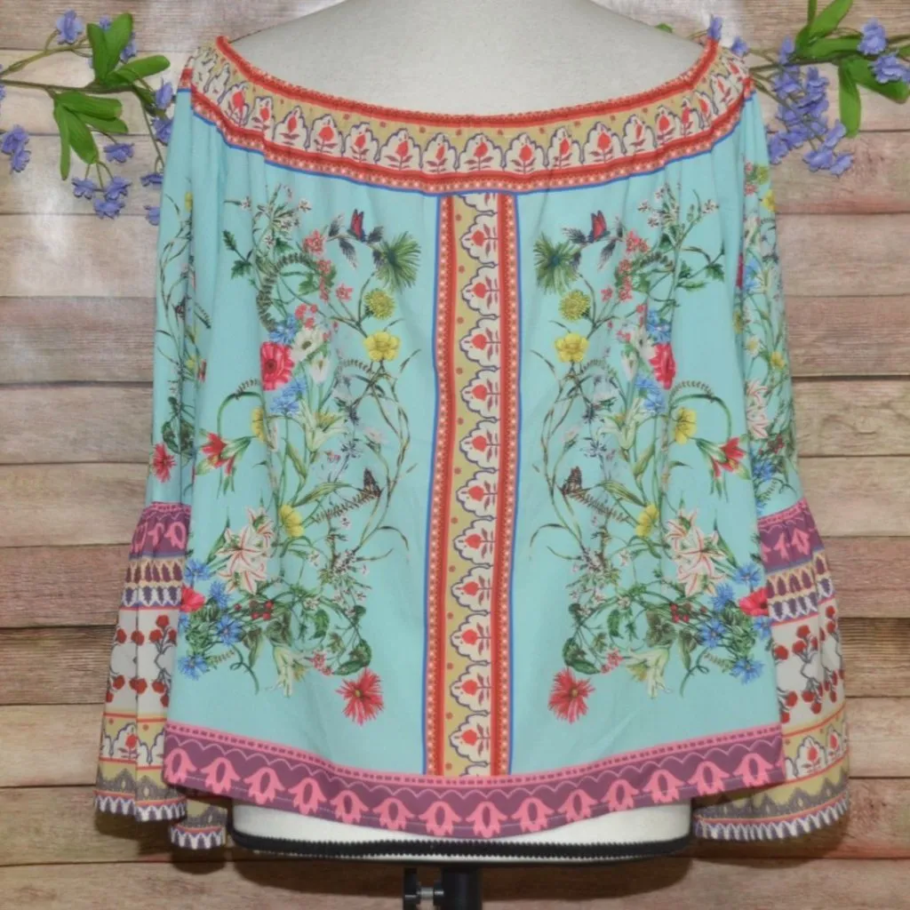 Umgee Boho Bold Floral Mixed Print Bell Sleeve Tassel Blouse Top Size M Cottage - Image 7