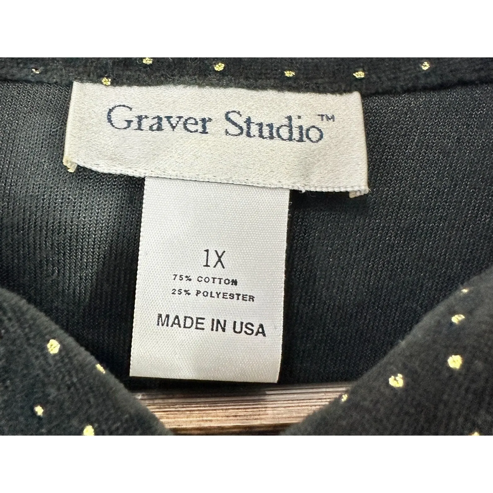 Susan Graver Black Velvet Button Up Shirt Womens 1X Gold Polka Dot Retro Glam - Image 3