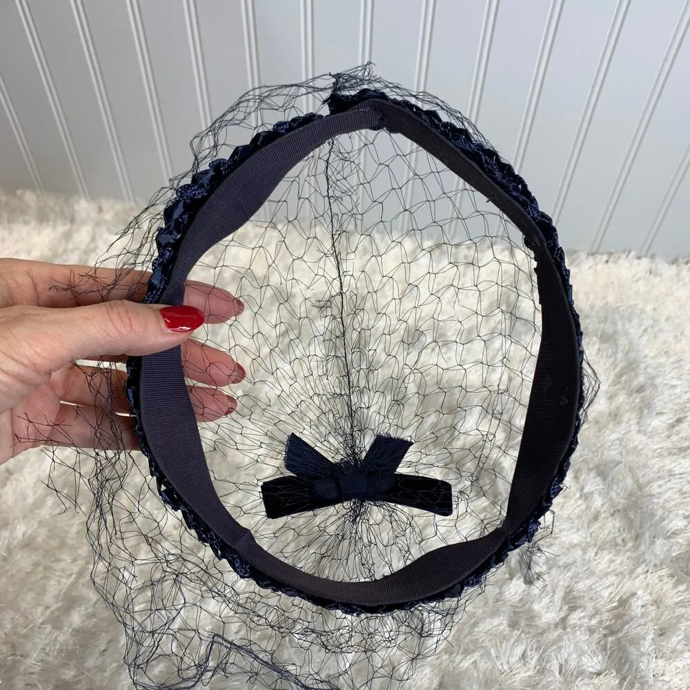 20s Navy Blue Vintage Fascinator Birdcage Mesh Net Velvet Bow OSFA Halloween - Image 3
