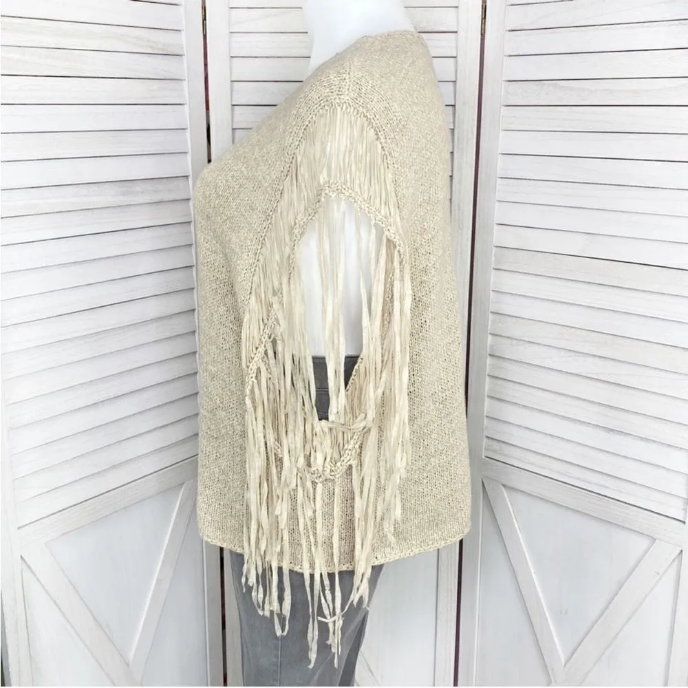 Chico’s Fringe Sleeve Boho Western Tarrin Tape Knit Poncho Sweater Tan Large XL - Image 2