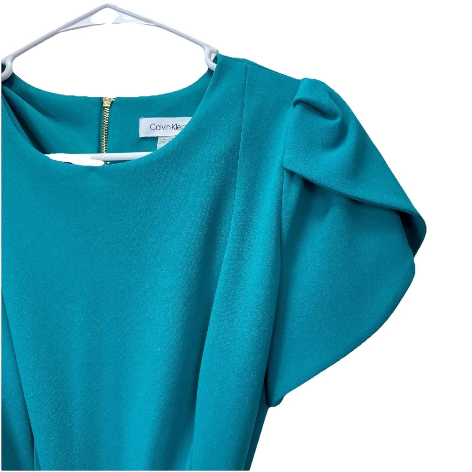 Calvin Klein Teal Tulip Sleeve Belted Stretch Crepe Cropped Leg Jumpsuit Size 8 - Image 5