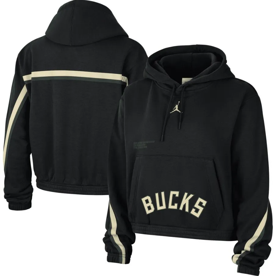 Jordan M NBA Bucks Cropped Black Hoodie Pocket Streetwear Basketball Logo Sporty - Image 2