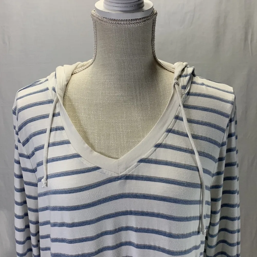 White House Black Market Casual Blue White and Silver Striped Hoodie Siz… - Image 2