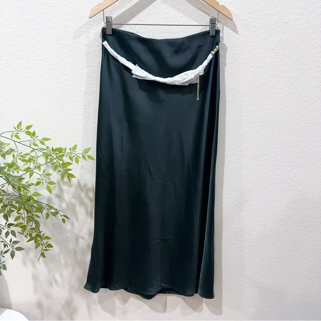 Rachel Zoe Green Satin Slip Midi Skirt with Pearl Chain Size 6 NWT - Image 4