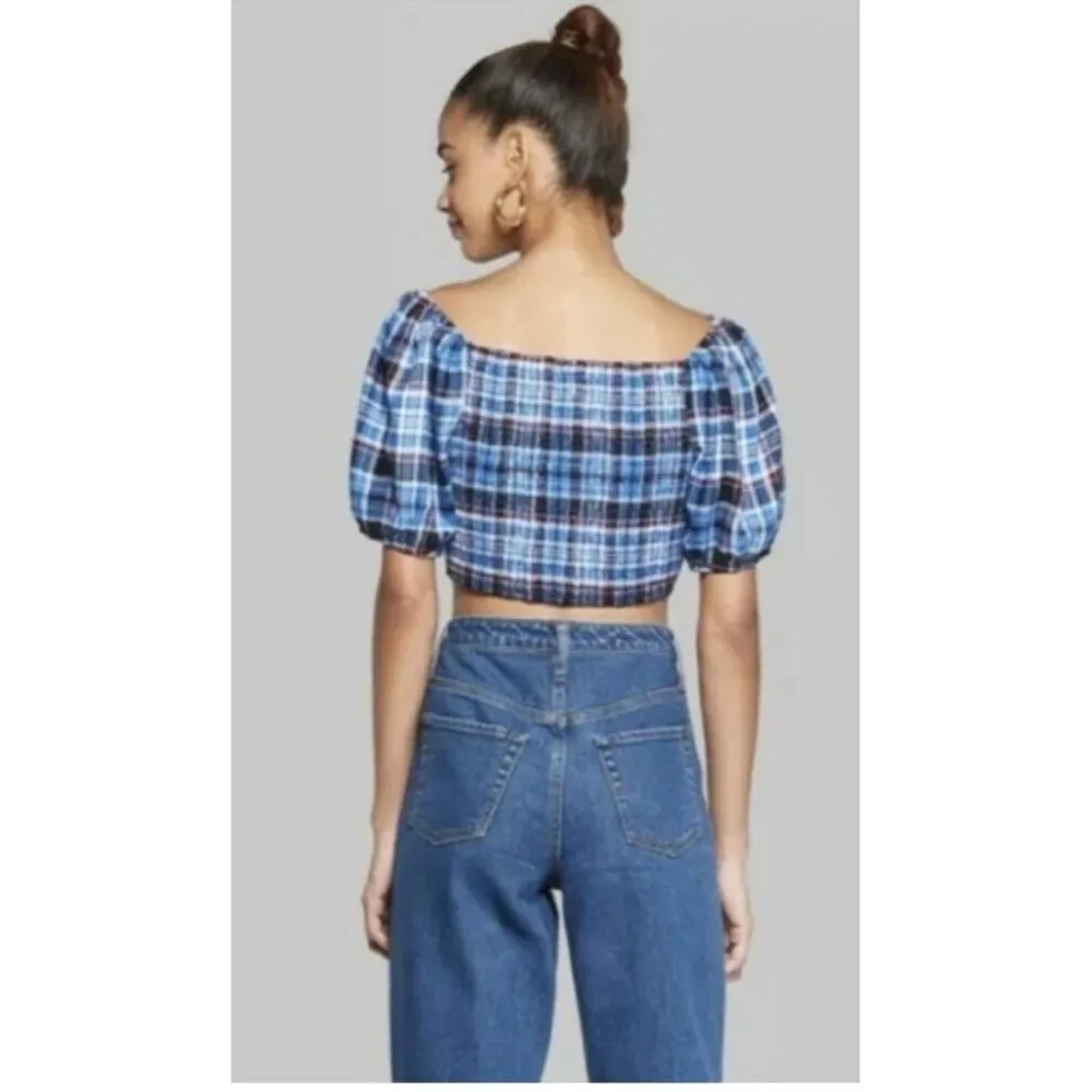 Wild Fable Blue Plaid V-Neck Short Sleeve Crop Top Junior’s LARGE Excellent Y2K - Image 9