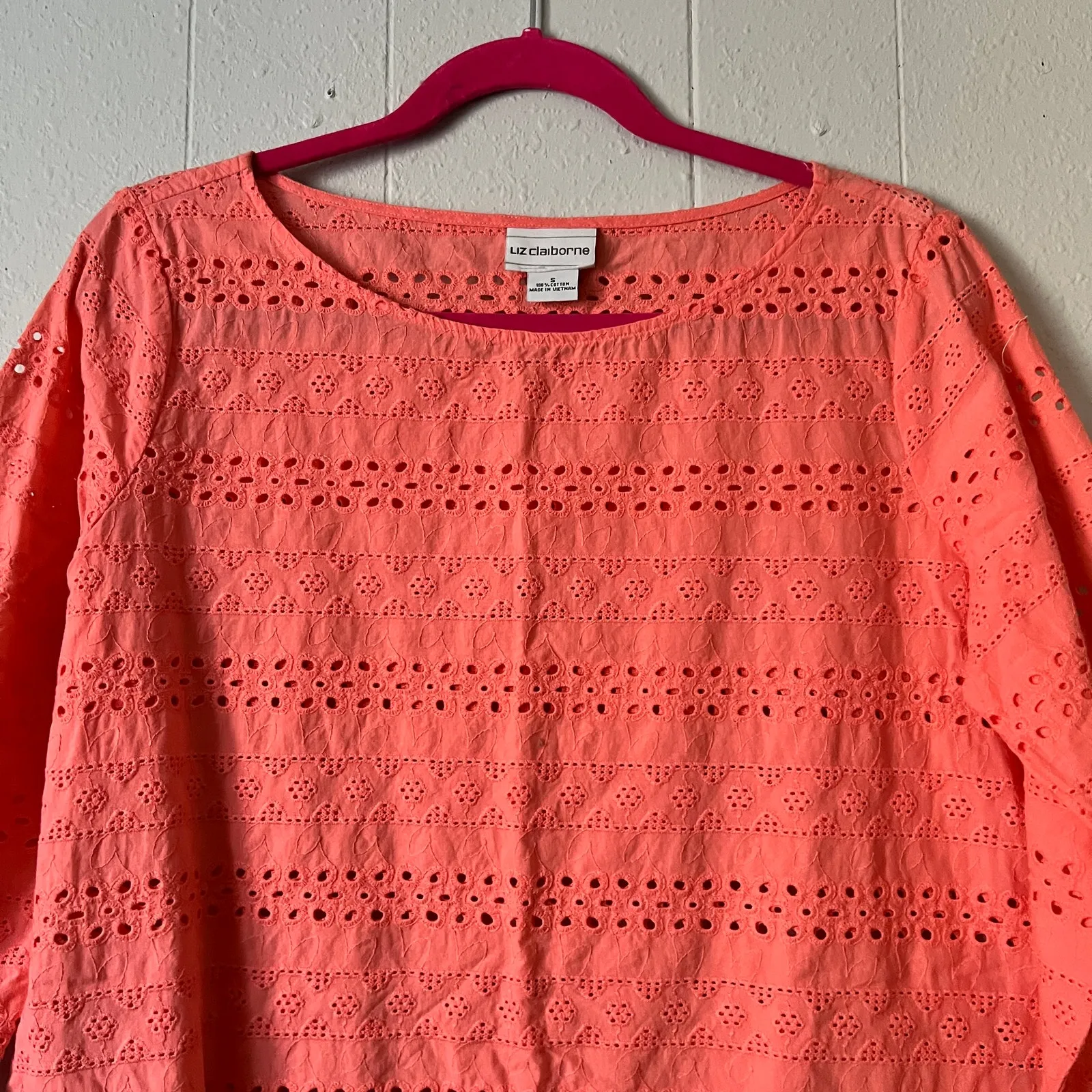 Liz Claiborne Eyelet Orange Top Small Boxy Relaxed Beachy Coastal Preppy Cotton - Image 3
