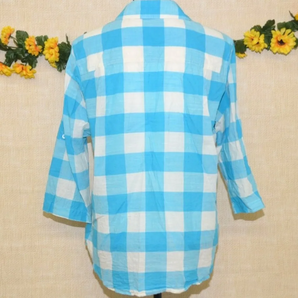 Foxcroft Women's Plus Size 14W Blue Plaid Button Front Blouse Top Cotton Pocket - Image 9