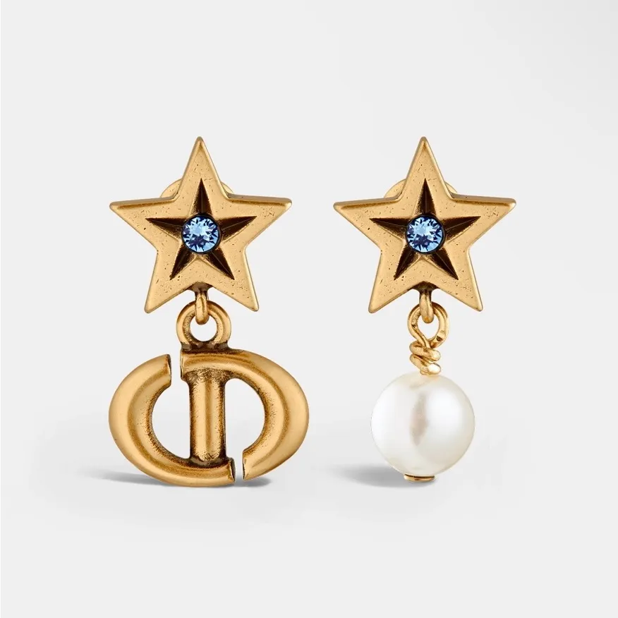 DIOR LUCKY CHARMS STUD EARRINGS Antique Gold-Finish Metal White Resin Pearl - Image 3