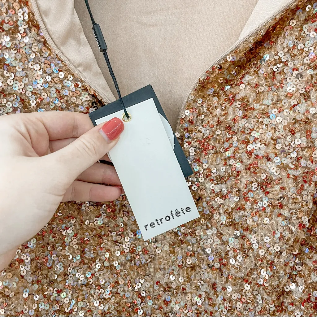 NEW Retrofete Nikki Dress Bronze Sequin Brown Size L - Image 7