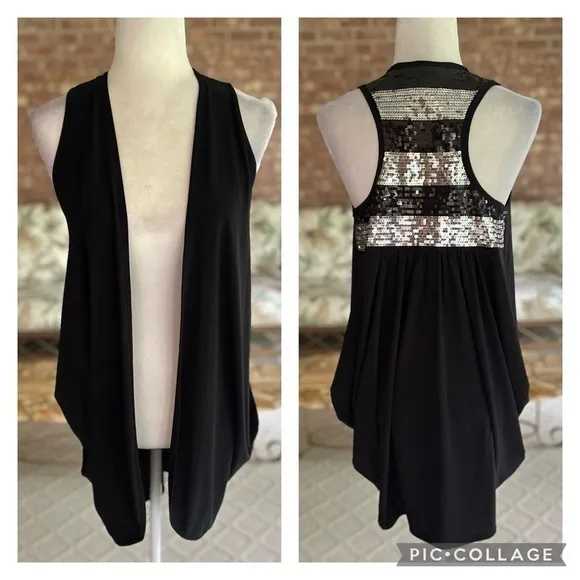 Joseph Ribkoff Vest Cocoon Knit Sequin Racerback Open Front Black 6 Cocktail Mod - Image 3