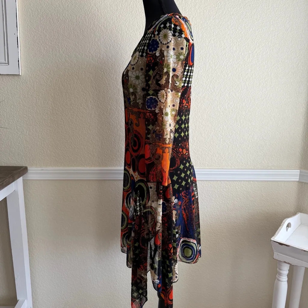 Women’s Small Multicolor Mirror Image Scoop Neck Long Sleeve Stretch Tunic Dress Black - Image 3