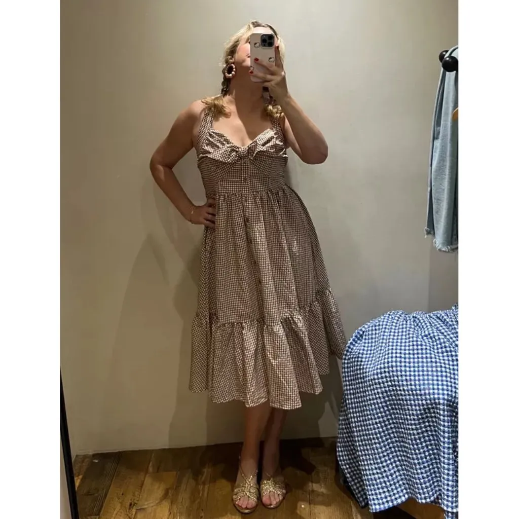 ANTHROPOLOGIE Maeve Halter Bow-Front Midi Dress in Brown Gingham Size X-Small - Image 3